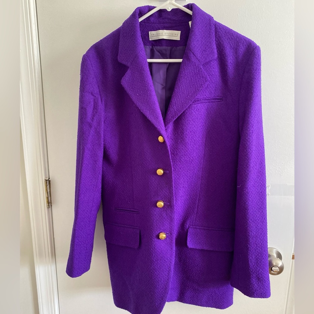 Valerie Steven’s Women’s Size 8 Royal Purple Wool Oversized Blazer Brass Buttons